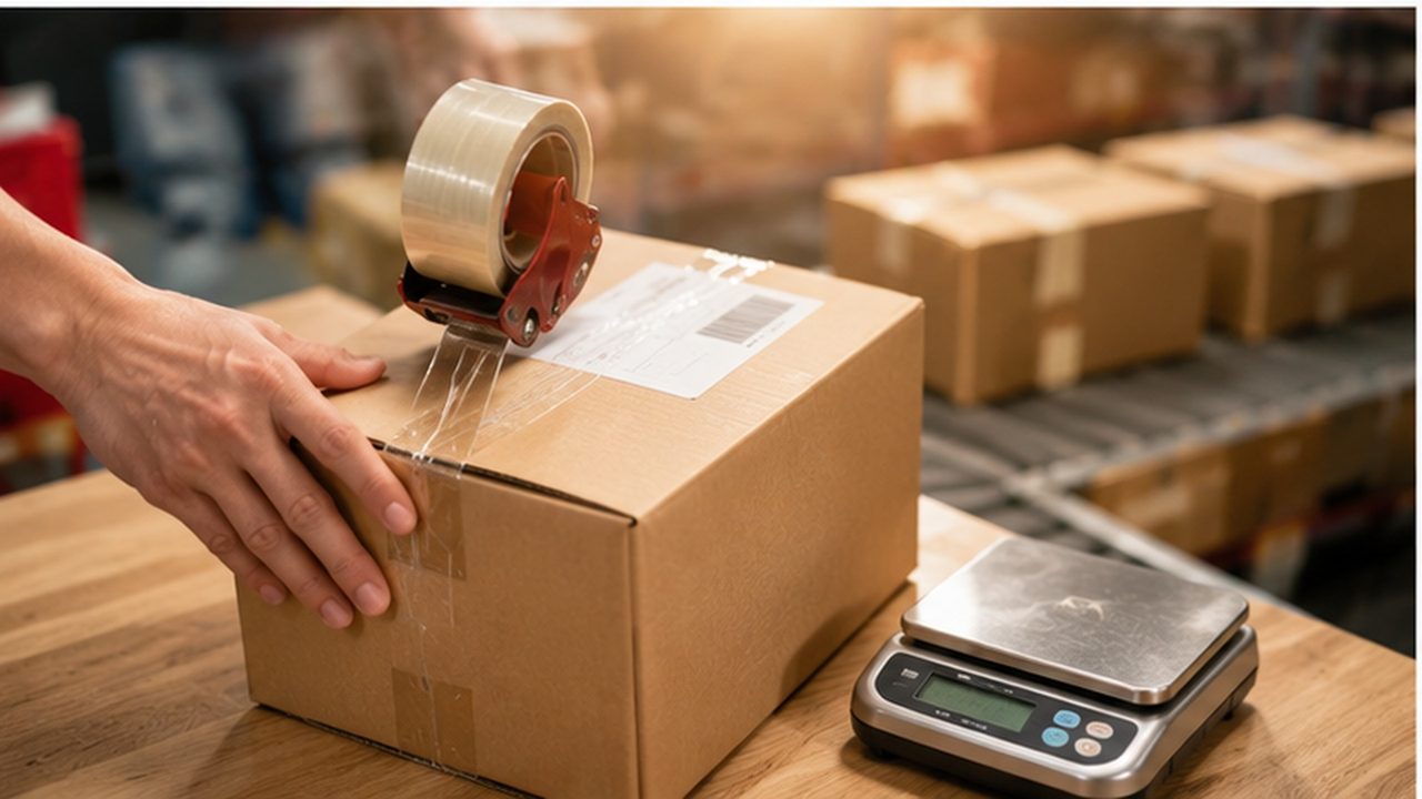 Hands sealing a cardboard parcel with tape next to a digital parcel scale in a warehouse, with ready-to-ship boxes behind