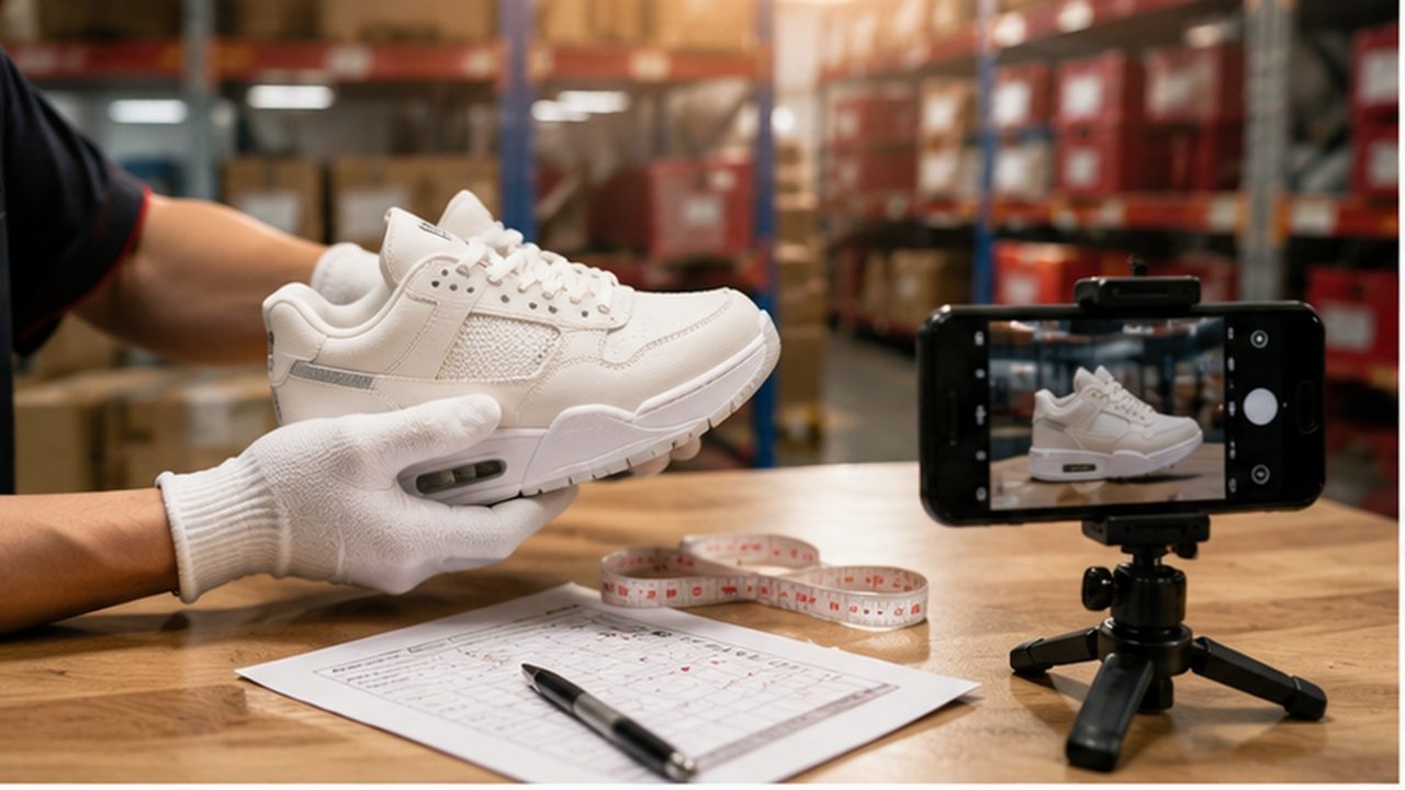 A gloved warehouse worker inspecting a white sneaker and photographing it with a phone on a tripod, with a measuring tape and inspection checklist on the table