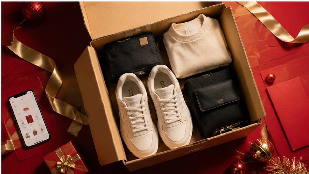 An opened shipping box neatly packed with sneakers, a folded sweater and small bags, on a festive red and gold background beside a phone showing a shopping app