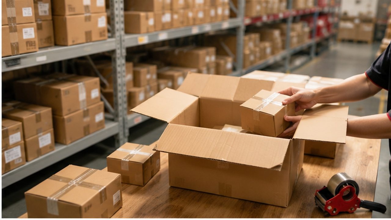 A warehouse worker combining several small parcels into one larger shipping box, with shelves of stored packages behind