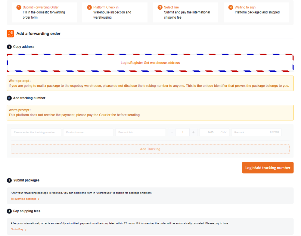 Esgobuy Forwarding page showing the four steps: submit forwarding order, platform check-in, select line and pay, waiting to sign, plus the add-tracking form