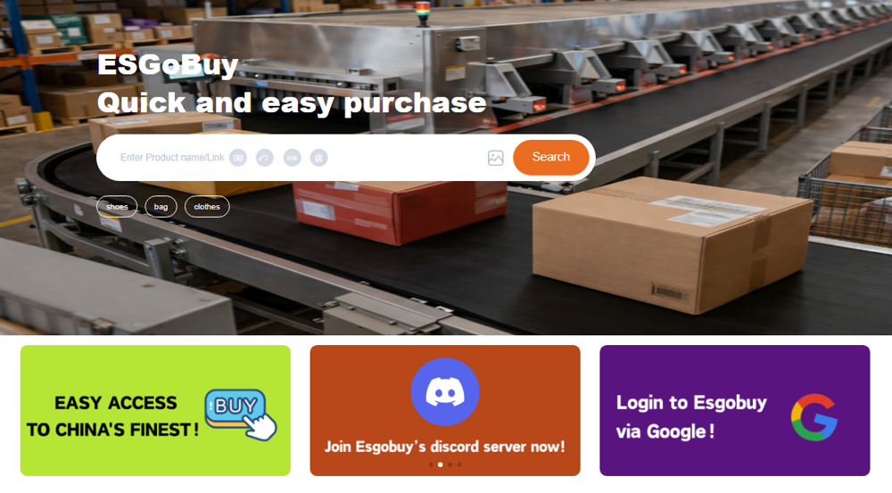 The official Esgobuy homepage: the ESGoBuy slogan 'Quick and easy purchase', a paste-link search bar, and shoes, bag and clothes shortcuts over a warehouse conveyor background